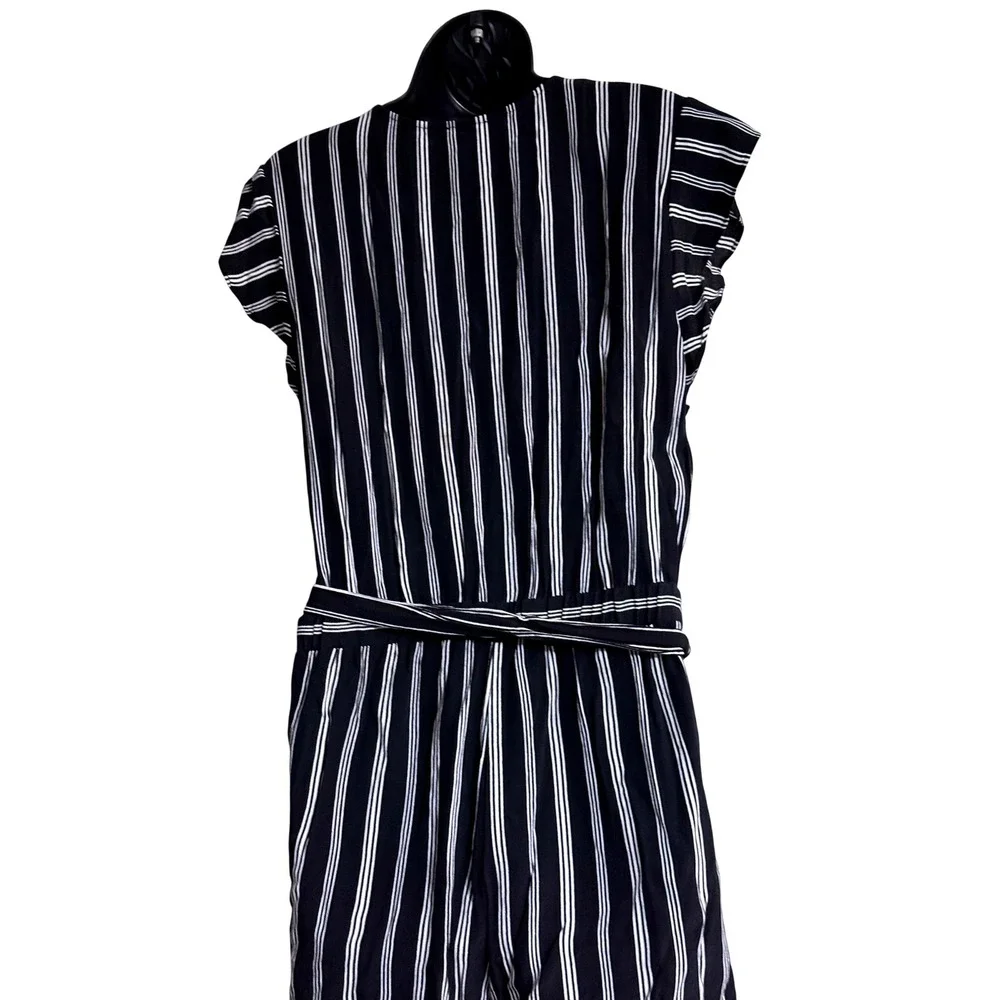 Loft Womens Black White Striped Ruffle Wrap Romper Sleeveless Size S - Picture 4 of 9
